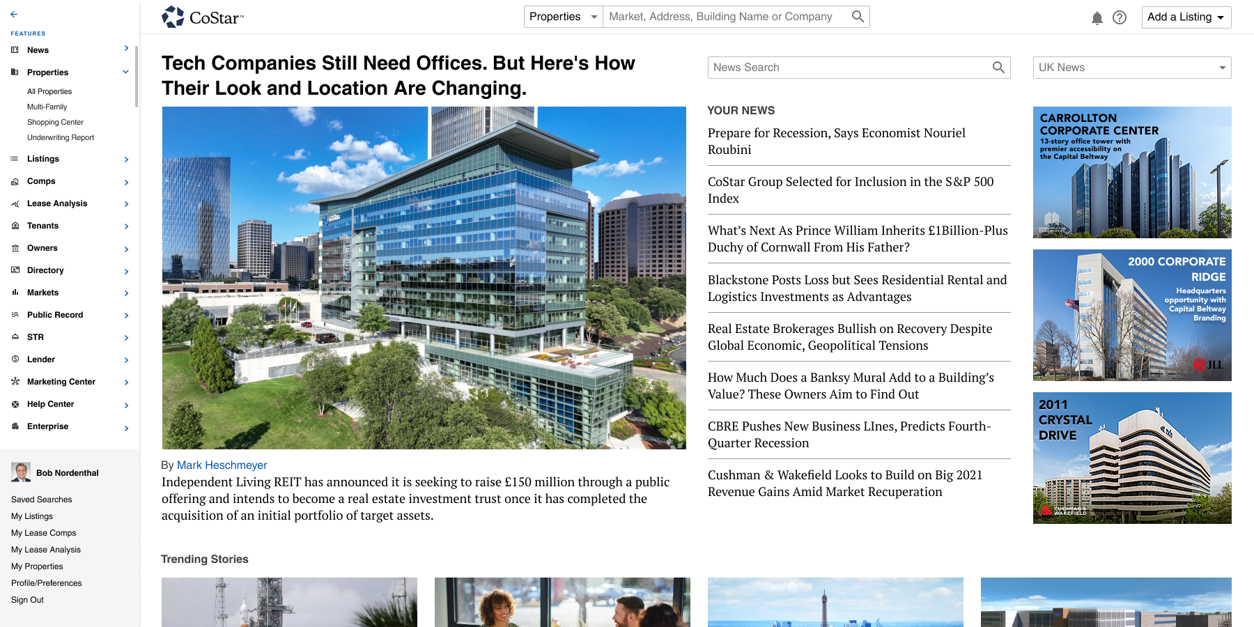 Navigation with Properties sub-menu expanded